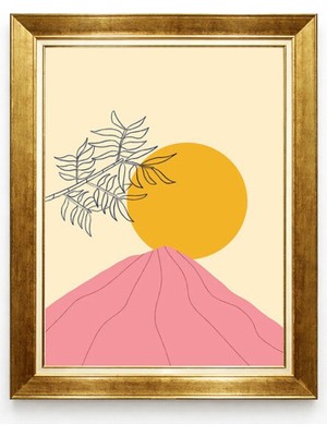 Giyense Tablore Boho Çöl Güneşi ve Dal Desenli Altın Çerçeveli Kanvas Tablo Modern Iskandinav Salon Tablosu