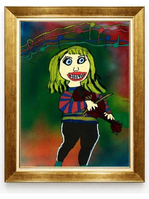 Giyense Tablore Modern Pop Art Keman Çalan Kız ve Müzik Notaları Gold Çerçeveli Kanvas Tablo