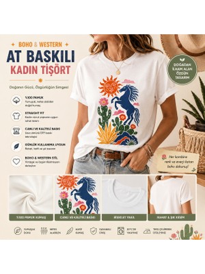 Tişört Kodu Kadın Straight Fit Tişört – Boho Çöl Atı Desenli Vintage Western Baskı