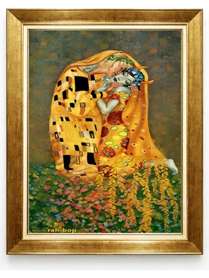 Giyense Tablore Gustav Klimt Tarzı Öpücük Altın Çerçeveli Tablo Modern Sanat Romantik Çift Salon Duvar Tablosu