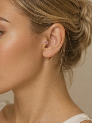 Poseidons Jewellery 14 Ayar Altın Pembe Taşlı Kelebek Tragus Piercing – Zarif Helix ve Kıkırdak Küpesi