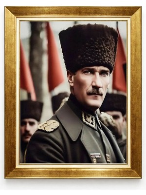 Giyense Tablore Kalpaklı Mustafa Kemal Atatürk Tarihi Portre Gold Çerçeveli Kanvas Duvar Tablosu