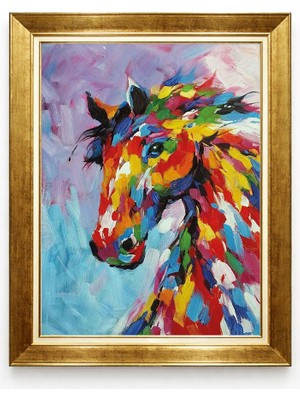 Giyense Tablore Renkli At Figürlü Pop Art Yağlı Boya Görünümlü Gold Çerçeveli Kanvas Tablo