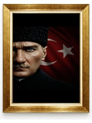 Giyense Tablore Kalpaklı Mustafa Kemal Atatürk Portresi Altın Çerçeveli Kanvas Tablo Ofis Tablosu