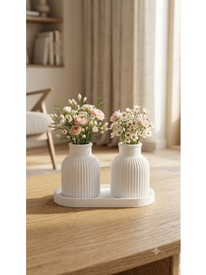 3dproga 3D Baskılı  Modern Dekoratif Beyaz Vazo Seti 2'li – Minimal Tasarım Çiçek Vazosu (Çiçekler Dahil Degildir)