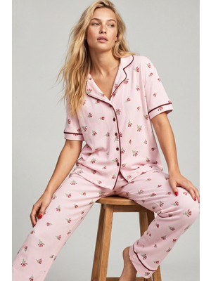 Siyah İnci Pembe Lale Desenli Bürümcük-Krınkıl Kısa Kollu Düğmeli Biyeli Pijama Takım 7930