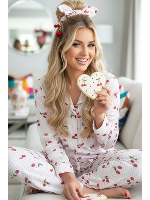 Siyah İnci Kiraz Desenli Mevsimlik Ince Düğmeli Örme Pijama Takım 7978