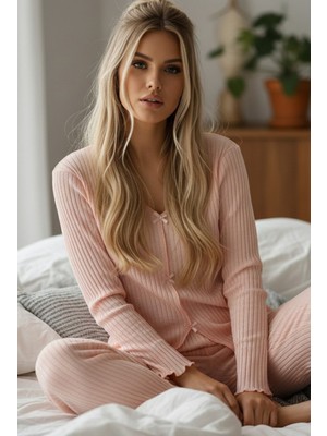 Siyah İnci Somon Fiyonklu Fitilli Kaşkorse Uzun Kollu Pijama Takım 7937