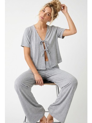 Siyah İnci Gri Bağlamalı Örme Pijama TAKIM7889