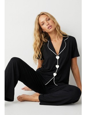 Siyah İnci Siyah Kalpli Biye Detaylı Örme Pijama TAKIM7891