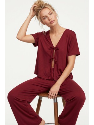 Siyah İnci Bordo Bağlamalı Örme Pijama TAKIM7889
