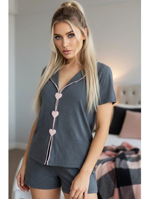 Siyah İnci Kadın Antrasit Kalpli Biye Detaylı Örme Pijama Takımı TAKIM7890