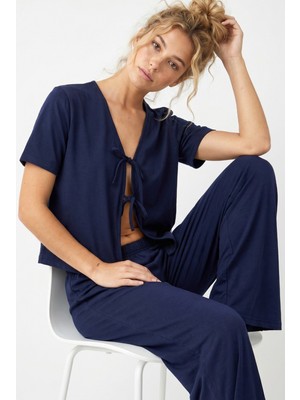 Siyah İnci Lacivert Bağlamalı Örme Pijama TAKIM7889