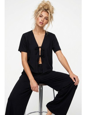 Siyah İnci Siyah Bağlamalı Örme Pijama TAKIM7889