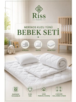 Riss Tekstil %100 Yün Dolgulu Bebek Uyku Seti Yün Yorgan + Yün Yatak Pedi + Yün Yastık