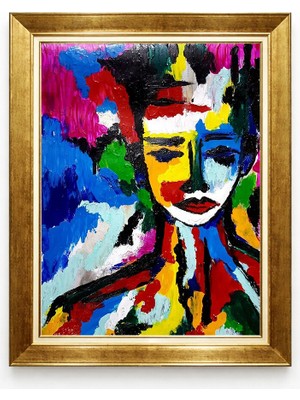 Giyense Tablore Soyut Renkli Yüz Portresi Yağlı Boya Efektli Çerçeveli Tablo - Modern Sanat Duvar Dekoru