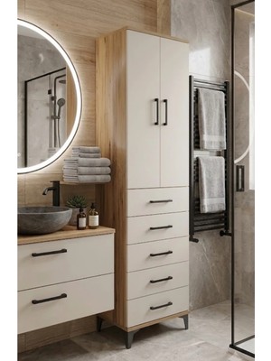 Dienni Hyperion Çok Amaçlı Dolap Mutfak Banyo Dolabı 3 Raflı 5 Çekmeceli 2 Kapaklı 60X44X195 Çam-Aytaşı