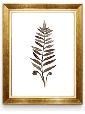 Giyense Tablore Minimalist Eğrelti Otu Yaprak Motifli Beyaz Gold Çerçeveli Kanvas Duvar Tablosu