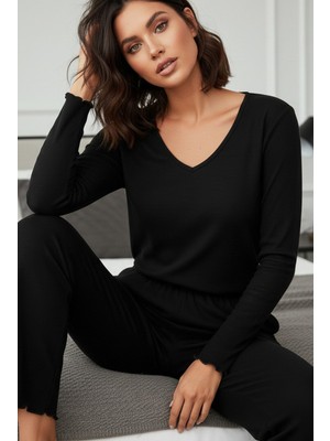 Siyah İnci Siyah V Yaka Fırçalı Soft Fitilli Kaşkorse Pijama Takım 7966
