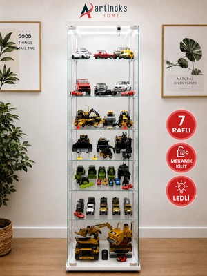 Artinoks Home 7 RAFLI KİLİTLİ LEDLİ BEYAZ (Gümüşlük, Büfe, Koleksiyon, Sunu, Sergi, Kitaplık)