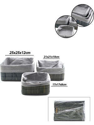 TeknoKapsül Gri̇ 3 Boy Kare Bambu Kenar Organi̇zer Sepet Ahşap Altlik - Bezli̇ 17X21X25CM (5643)