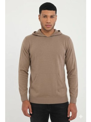 Dufy Erkek Slim Fit Kapüşonlu Vizon Triko