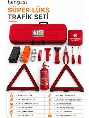 Hangast Süper Lüks Trafik Seti 12 Parça - Çantalı Ilk Yardım Seti, 1 kg Yangın Söndürücü, Çekme Halatı, Reflektör, Takoz ve Acil Durum Trafik Kiti