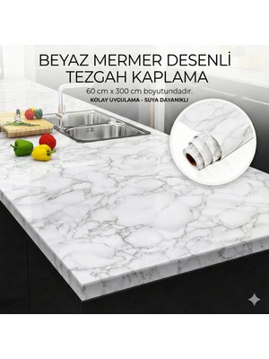TeknoKapsül Beyaz Mermer Desenli Yapışkanlı Tezgah Folyosu (3 Mt.x 60 Cm)