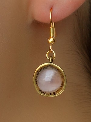 Esha Store Doğal Taş Pembe Kuvars Doğal Taşlı Yuvarlak Kadın Küpe EUKU23PK