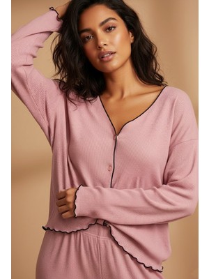 Siyah İnci Pembe Fırçalı Yumuşak Dokulu Fitilli Kaşkorse Örme Düğmeli Hırka Pijama Takım 7962