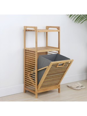 TeknoKapsül 2 Organi̇zer Rafli - Çek Aç Sepet Ahşap Bambu Ki̇rli̇ Çamaşir Sepet 40X35X95CM (5643)