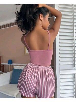 Bezos Kadın Pembe Çizgili Desen Askılı Şortlu Pijama Takım 5002