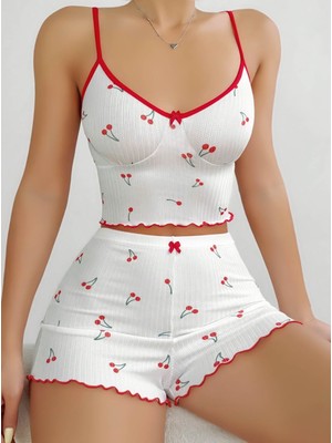 Bezos Kadın Vişne Desenli Dantel Askılı Şortlu Pijama Takımı 5193