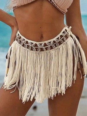 Bemy Store Ekru Bikini Üstü Deniz Kabuklu Püsküllü Pareo,beachwear,bikini Üstü El Emeği Plaj Eteği,boh