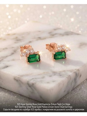 Begonia Accessories 931 Ayar Gümüş Rose Gold Rodyum Kaplama Zirkon Taşlı Minimal Halka ve Çivi Küpe Kadın Lüks Tasarım Şık Günlük Kullanım Gümüş Küpe ÇEŞITLERI-287-17