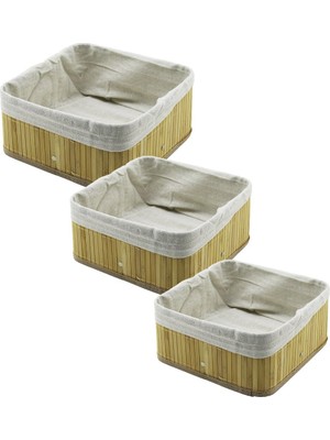 TeknoKapsül 3 Boy Kare Bambu Kenar Organi̇zer Sepet Ahşap Altlik - Bezli̇ 17X17-21X21-26X26CM (5643)