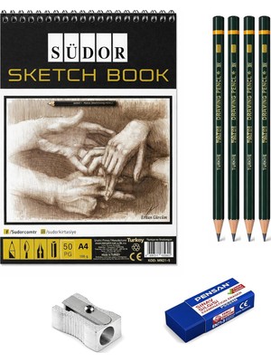 Starseven Eskiz Set A4 50 Yaprak Eskiz Defteri Iz Bırakmayan Sınav Silgisi Kalemtıraş 4 Adet Dereceli Kalem S