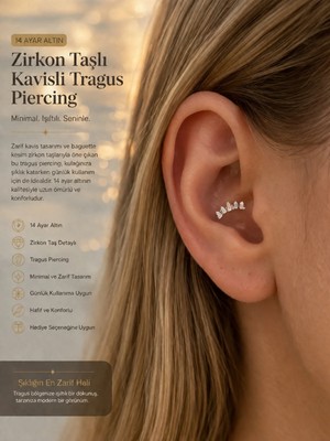 Poseidons Jewellery 14 Ayar Altın Zirkon Taşlı Kavisli Baget Tragus Piercing