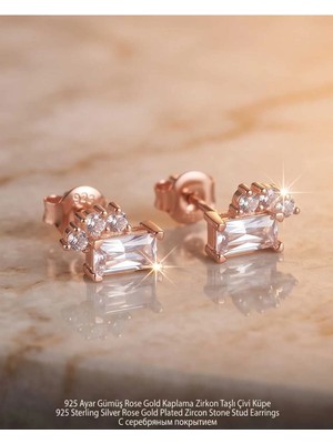 Begonia Accessories 929 Ayar Gümüş Rose Gold Rodyum Kaplama Zirkon Taşlı Minimal Halka ve Çivi Küpe Kadın Lüks Tasarım Şık Günlük Kullanım Gümüş Küpe ÇEŞITLERI-287-11