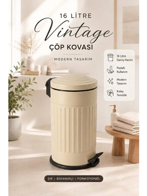 Bysevil Vintage 16 Lt Pedallı Çöp Kovası Krem | Amortisörlü Kapak | Silinebilir Yüzey