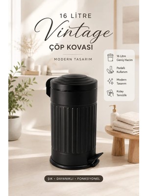 By Sevil Bysevil 16 lt Siyah Pedallı Çöp Kovası Paslanmaz Metal Modern Dekor Uyumlu