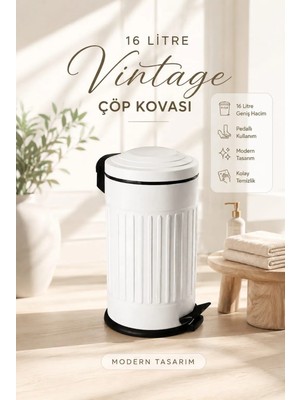 By Sevil Vintage 16 Lt Beyaz Metal Çöp Kovası 46,5 cm Yükseklik Modern Tasarım