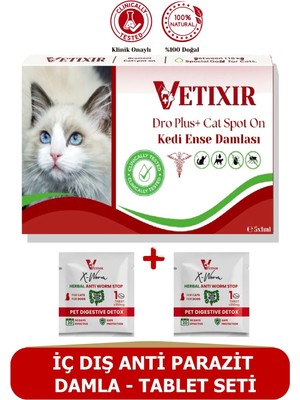 Vetixir Kedi Bitkisel İç-Dış Anti Parazit Ense Bitkisel Bit Pire Kene Damla Seti - 5 Damla 2 Tablet
