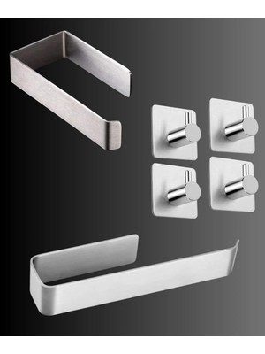 Starseven Deltahome Paslanmaz Çelik Yapışkanlı Havluluk 27CM - Tuvalet Kağıtlığı - 4 Adet Askılık Set