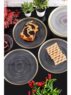 Starseven Marsilya Cam Pasta-Kek-Tatlı Tabağı 6'lı Şeffaf/kenarı Altın Yaldızlı-21 cm