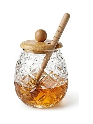 Starseven Deconox Bambu Kapaklı Cam Bal Kavanozu – 350ML | Kaşıklı &amp; Şık Sunum Kavanozu | Doğal Ahşap Kap