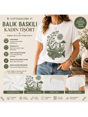 Tişört Kodu Kadın Straight Fit Tişört – Cottagecore Balık Desenli Vintage Doğa Baskısı
