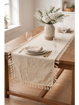 Şah Textile Design Püsküllü Yıkanmış Keten Bohem Runner 40X110