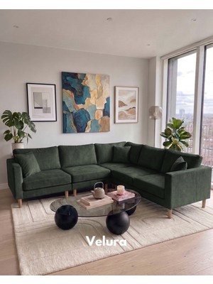 Velura Home & Living Armin Akıllı 5 Modül Köşe Koltuk Takımı & Modern Modüler Yataklı Köşe Takımı - Kadife Kumaş - Koyu Yeşil