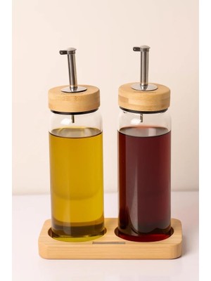 Starseven Bambu Kapaklı Cam Yağlık & Sirkelik Seti – 2'li Standlı 300ML